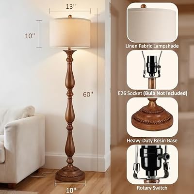 PARTPHONER Vintage Floor Lamp for Living Room, Rustic Farmhouse Standing Lamp with Rotary Switch and Linen Shade, Retro Resin Floor Lamp for Bedroom, Corner, Dining Room, House Decor, Wood Grain - image 3 of 4