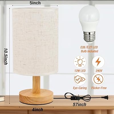 Desk Lamp LED Bulb Included, Small Bedside Table Lamp Plug-in - Classic Wood Base with Flaxen Fabric Shade, Lamps for Night Stands, Simple Nightstand Light for Bedroom, Office, Desk - image 3 of 4