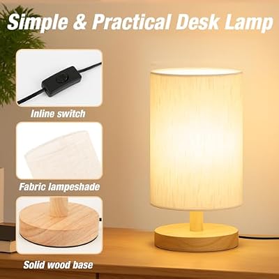 Desk Lamp LED Bulb Included, Small Bedside Table Lamp Plug-in - Classic Wood Base with Flaxen Fabric Shade, Lamps for Night Stands, Simple Nightstand Light for Bedroom, Office, Desk - image 4 of 4