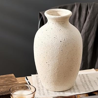 Large Ceramic Rustic Flower Vase, 10.43 Inch Tall Vintage Pottery Home Decor, Antique Farmhouse Terracotta Vase for Living Room, Table, Shelf, Mantel Decoration, Farmhouse - Cream-White - image 3 of 4