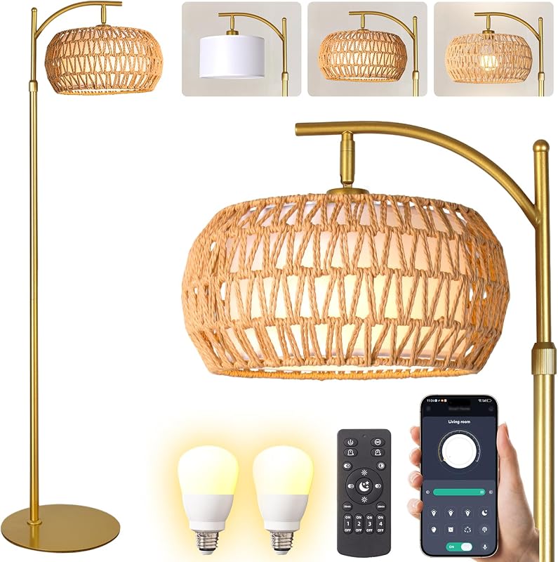 Gold Boho Rattan Floor Lamp w/Remote, Dimmable (2700K - 6000K), 2 - in - 1 Wicker & Fabric Shade, Adjustable 165-172cm for Living Room & Bedroom - Floor Lamps, product photo on a white background