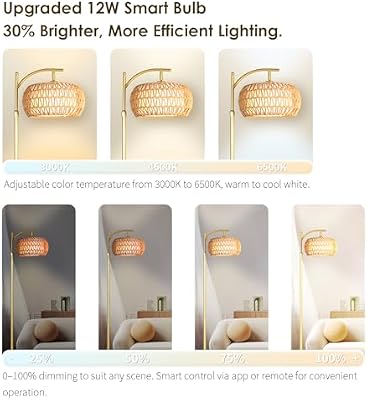Gold Boho Rattan Floor Lamp w/Remote, Dimmable (2700K - 6000K), 2 - in - 1 Wicker & Fabric Shade, Adjustable 165-172cm for Living Room & Bedroom - image 3 of 4
