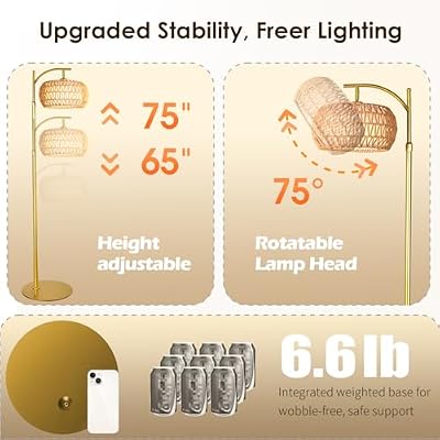 Gold Boho Rattan Floor Lamp w/Remote, Dimmable (2700K - 6000K), 2 - in - 1 Wicker & Fabric Shade, Adjustable 165-172cm for Living Room & Bedroom - image 4 of 4