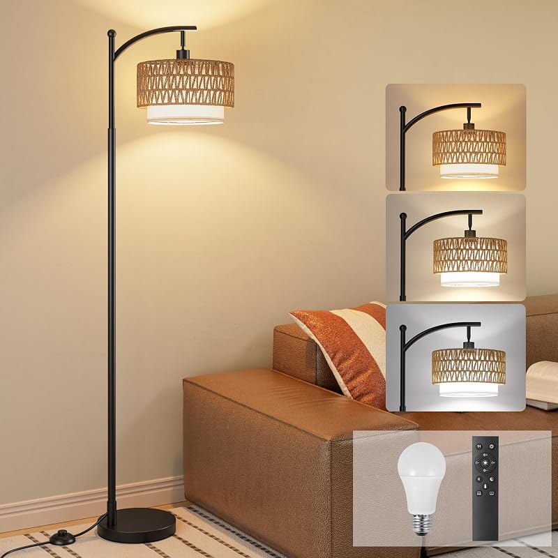 Ambimall Arc Floor Lamp with Remote & Rattan Double Shades, Black Rustic - Floor Lamps, product photo on a white background