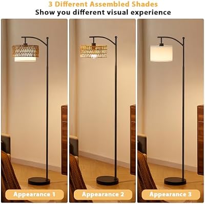 Ambimall Arc Floor Lamp with Remote & Rattan Double Shades, Black Rustic - image 3 of 4