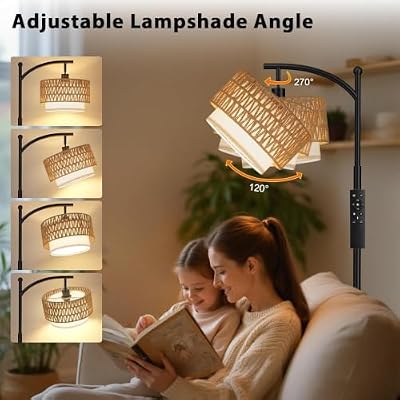 Ambimall Arc Floor Lamp with Remote & Rattan Double Shades, Black Rustic - image 4 of 4