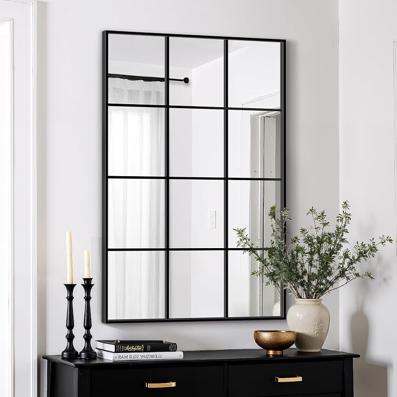 Window Pane Mirror for Wall Decor, 24" x 36" Decorative Mirror, Black - Mirrors, product photo on a white background