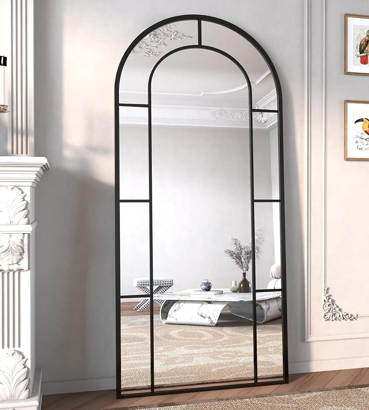 Arched Full Length Mirror, 56"x22" Mirror Full Length, Oversized Floor Length Standing Mirrors, Large Body Wall Mounted Window Pane Mirrors, Hanging or Leaning (Black) - Mirrors, product photo on a white background
