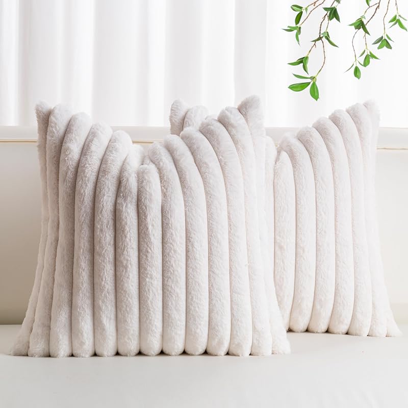 Pack of 2 Faux Fur Christmas Throw Pillow Covers 18x18 Inch, Cream White - Vases & Objects, product photo on a white background