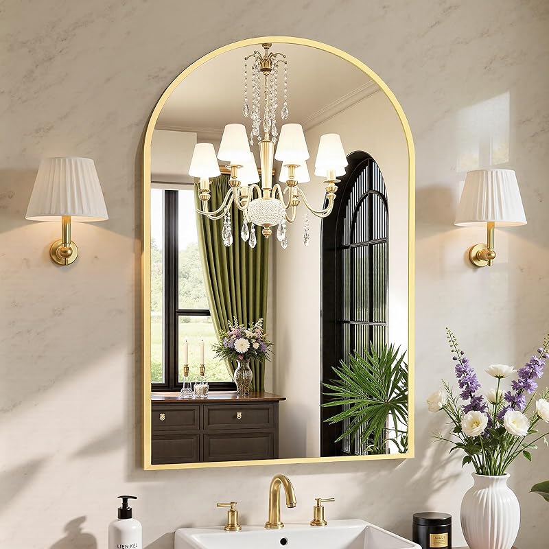 Sweetcrispy 24"x 36" Arched Gold Bathroom Mirrors for Wall - Mirrors, product photo on a white background