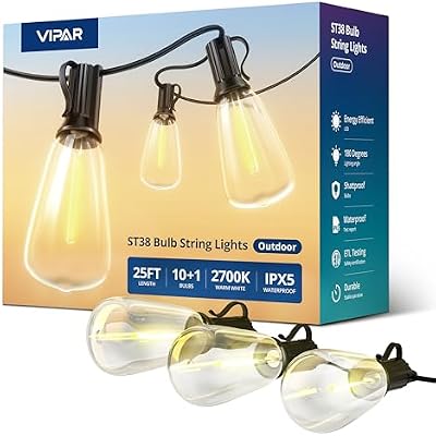 VIPAR Outdoor String Lights,25FT LED Patio Lights Waterproof 11 ST38 Bulbs - image 2 of 4
