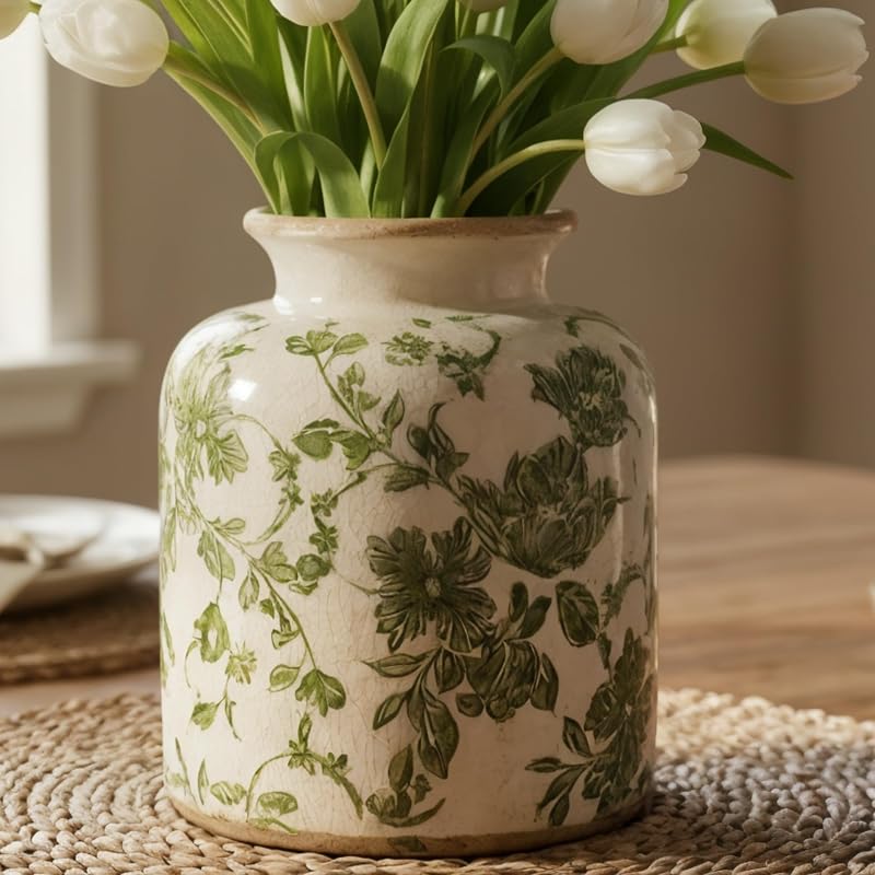 Vintage Green Crackle Glaze Ceramic Flower Vase, 6” Small Rustic Pottery Decorative Botanical Vase with Distressed Beige Rim French Country Farmhouse Cottage Tabletop & Mantel Home Decor - Vases & Objects, product photo on a white background