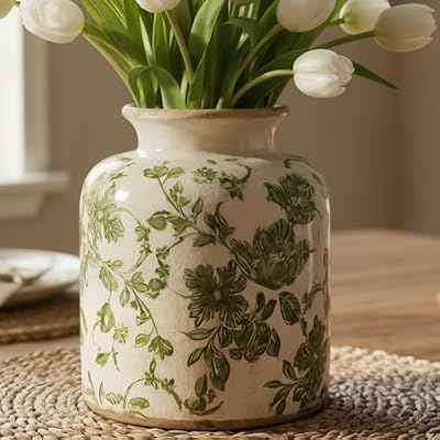 Vintage Green Crackle Glaze Ceramic Flower Vase, 6” Small Rustic Pottery Decorative Botanical Vase with Distressed Beige Rim French Country Farmhouse Cottage Tabletop & Mantel Home Decor - image 2 of 4