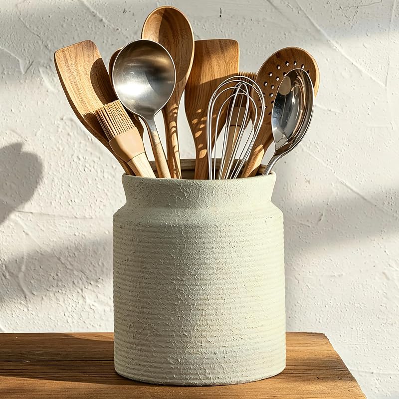 Rustic Utensil Holder for Kitchen Countertop - 7.6 inch Ceramic Utensil Crock Farmhouse Cooking Utensil Organizer for Spatula, Spoon (M-Antique) - Vases & Objects, product photo on a white background