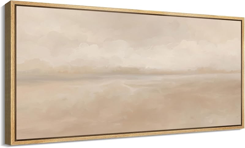 MUDECOR Extra Large Framed Canvas Print Wall Art Soft Beige Horizon Tranquil Neutral Abstract Illustrations Decorative Colorful Multicolor for Bedroom - 60"x30" - Wall Art, product photo on a white background