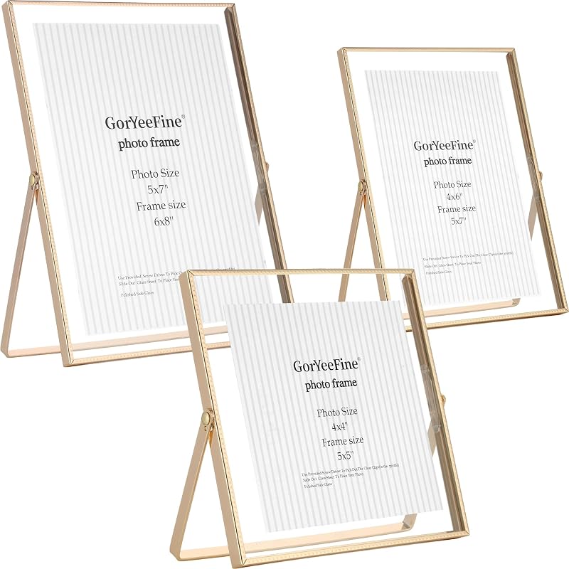 Gold Floating Picture Frames Set of 3,Metal Geometric Photo Frame with Glass Cover Includes(5x7'',4x6'',4x4'')Tabletop Floating Picture Frames for Home Wedding Decoration,Gift for Father's Day - Wall Art, product photo on a white background