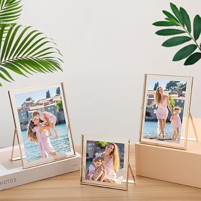 Gold Floating Picture Frames Set of 3,Metal Geometric Photo Frame with Glass Cover Includes(5x7'',4x6'',4x4'')Tabletop Floating Picture Frames for Home Wedding Decoration,Gift for Father's Day - image 3 of 4