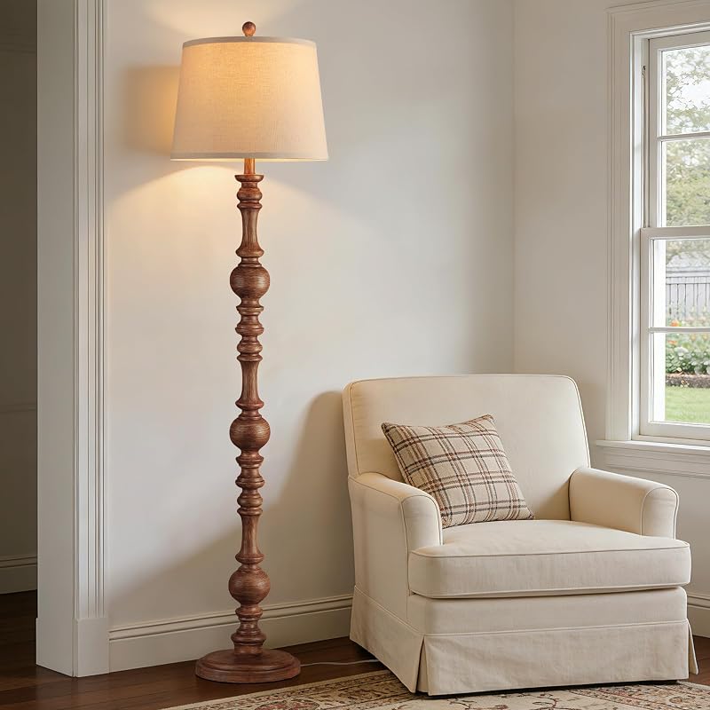 QiMH 61" Vintage Floor Lamp for Living Room, Farmhouse Lamps, Wood Grain - Floor Lamps, product photo on a white background