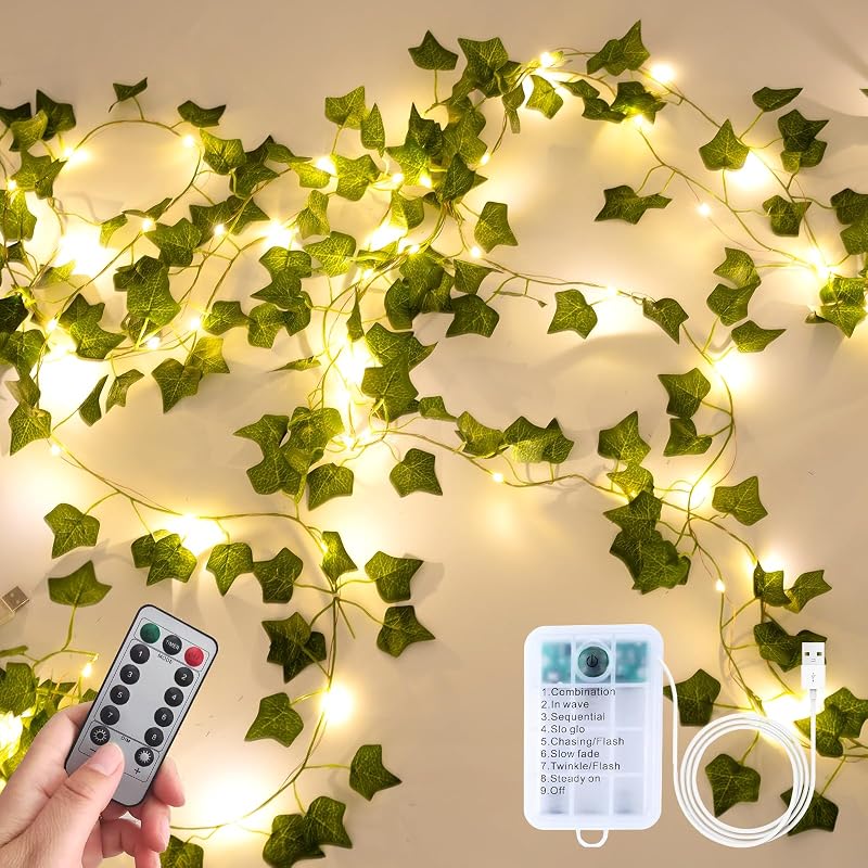 Fake Plants Vines,33ft 100 LED Artificial Ivy Garland with Fairy Lights,for Home Living Room Bedroom wall Art Aesthetic Office Coffee Wedding Party Farmhouse Dorm Outdoor Garden Decor - String & Accent Lighting, product photo on a white background