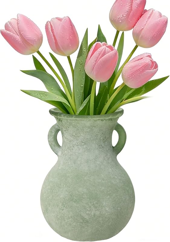 Green Glass Vase with Handles, 7.5 Inch Rustic pottery Style Flower Vase, Vintage Decorative Round Bud Jar for Dried Flowers, Earthy Aesthetic Centerpiece for Modern Farmhouse & Boho Spring Home Decor - Vases & Objects, product photo on a white background