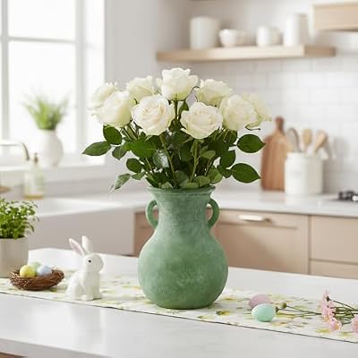 Green Glass Vase with Handles, 7.5 Inch Rustic pottery Style Flower Vase, Vintage Decorative Round Bud Jar for Dried Flowers, Earthy Aesthetic Centerpiece for Modern Farmhouse & Boho Spring Home Decor - image 4 of 4