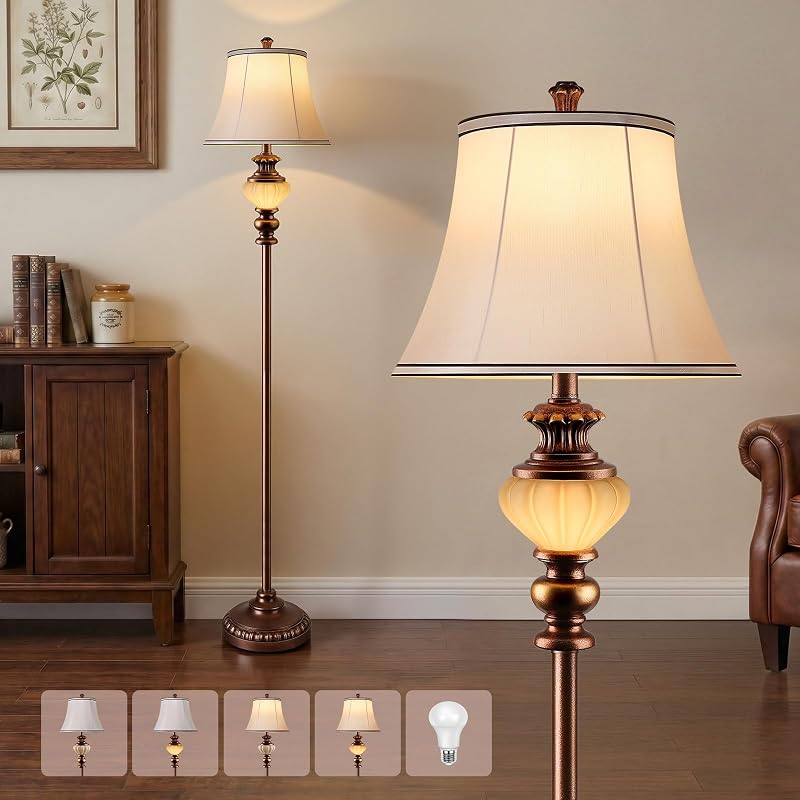 65'' Vintage Floor Lamp for Living Room, Retro Farmhouse Standing Lamp with Nightlight, Tall Lamp with Fabric Shade and Rotary Switch for Bedroom Office Dining Room Corner(LED Bulb Included) - Floor Lamps, product photo on a white background