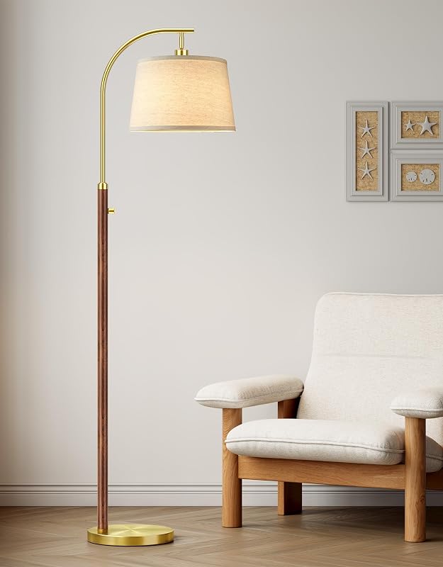 Dimmable Floor Lamp for Living Room, 65" Tall Metal Standing Lamp with LED Bulb, Mid Century Modern Arc Floor Lamp with Linen Shade for Bedroom, Reading Room, Office & Nursery, Gold and Walnut Color - Floor Lamps, product photo on a white background