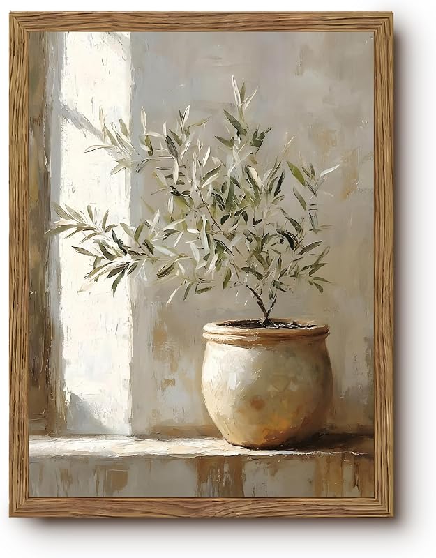 Vintage Framed Olive Tree Canvas Wall Art, Neutral Botanical Pictures Wall Decor, Rustic Potted Plant Paintings Prints, Organic Modern Farmhouse Artwork for Living Room Bedroom 12x16 Inch - Wall Art, product photo on a white background