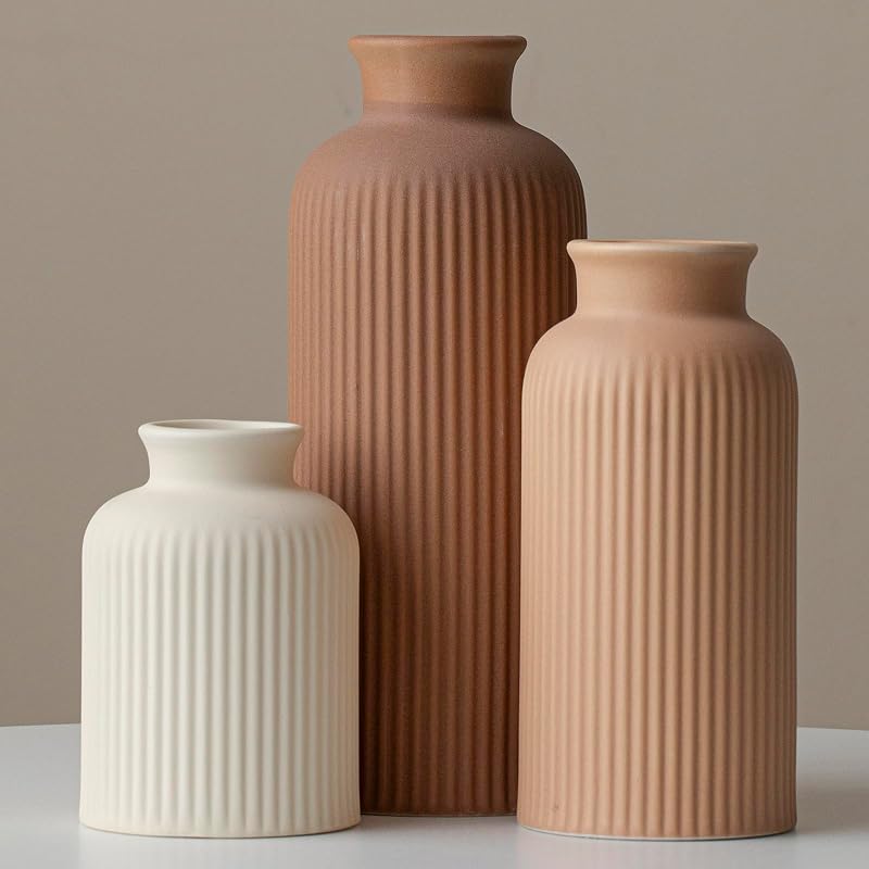 Large Modern Ceramic Vase Set, Coffee Ribbed Matte Design, 3-Piece Decorative Vases for Home, Living Room, Office (XL Coffee Mix) - Vases & Objects, product photo on a white background