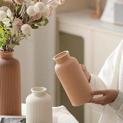 Large Modern Ceramic Vase Set, Coffee Ribbed Matte Design, 3-Piece Decorative Vases for Home, Living Room, Office (XL Coffee Mix) - image 4 of 4