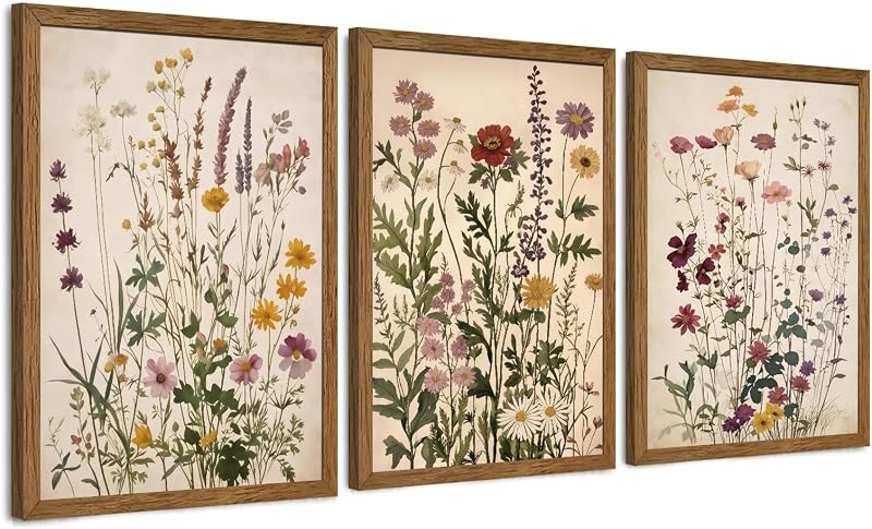 AVECCO 3 Piece Vintage Wildflower Botanical Framed Canvas Wall Art 12x16 in - Wall Art, product photo on a white background