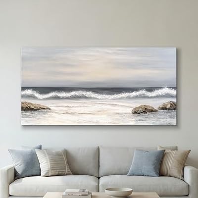 SENROLAN Coastal Seascape Canvas Wall Art, Neutral Blue Grey Ocean Waves Wrapped Canvas Print, Large Horizontal Wall Decor for Living Room Above Sofa, Ready to Hang, 48 x 24 Inch - image 2 of 4