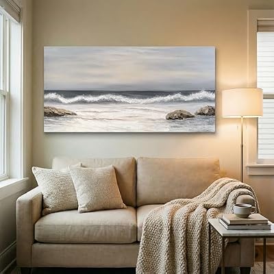 SENROLAN Coastal Seascape Canvas Wall Art, Neutral Blue Grey Ocean Waves Wrapped Canvas Print, Large Horizontal Wall Decor for Living Room Above Sofa, Ready to Hang, 48 x 24 Inch - image 3 of 4