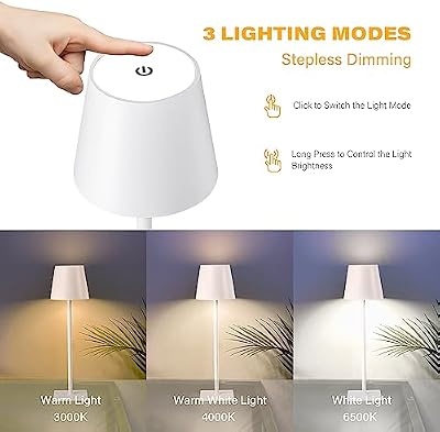 CHLORANTHUS 2 Pack Cordless Table Lamps, 3 Colors Stepless Dimming, 5000mAh Rechargeable Battery LED Desk Lamp for Bedroom/Couple Dinner/Desk/Cafe/Dining Room/Terrace - image 4 of 4