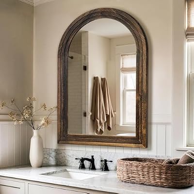Arched Bathroom Mirror, 38"x26" Brown Wood Frame Wall Mirror - image 2 of 4