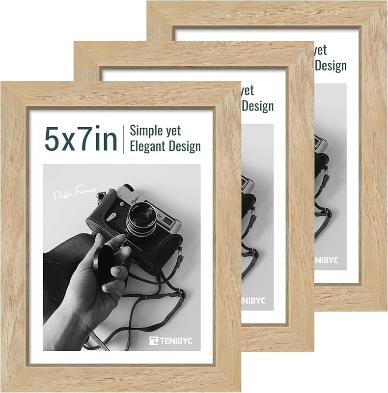5x7 picture frame 3 Pack, Natural Wood, Real Glass, for Photo, Art - Wall Art, product photo on a white background