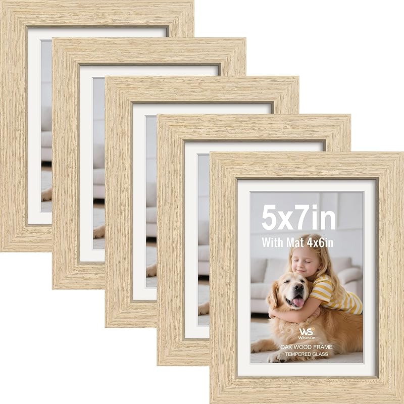 5x7 Picture Frame 5 Pack, Oak Wood with Real Glass, 4x6 Mat - Wall Art, product photo on a white background