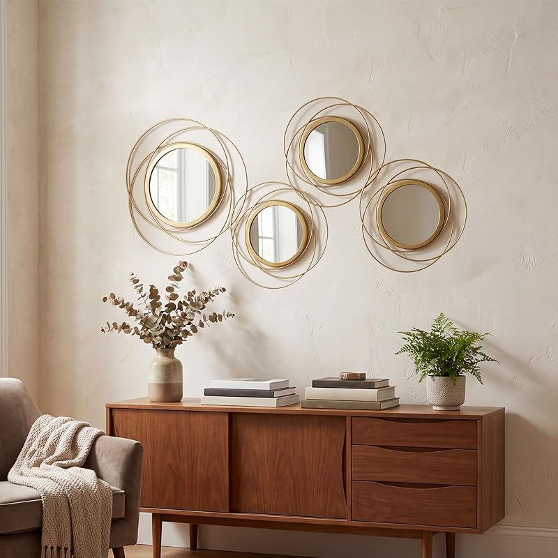 4 Piece Gold Round Wall Mirror Set Modern Metal Circles for Home Decor - Mirrors, product photo on a white background