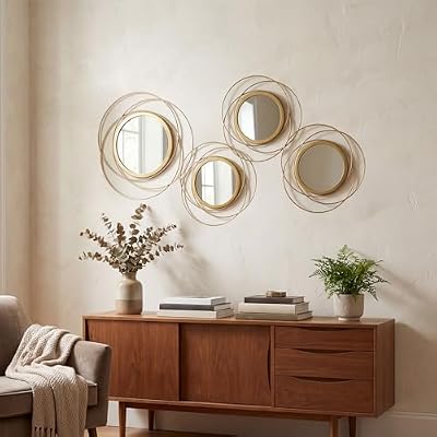 4 Piece Gold Round Wall Mirror Set Modern Metal Circles for Home Decor - image 2 of 4