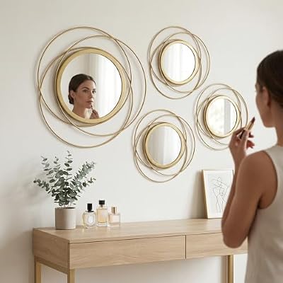 4 Piece Gold Round Wall Mirror Set Modern Metal Circles for Home Decor - image 3 of 4