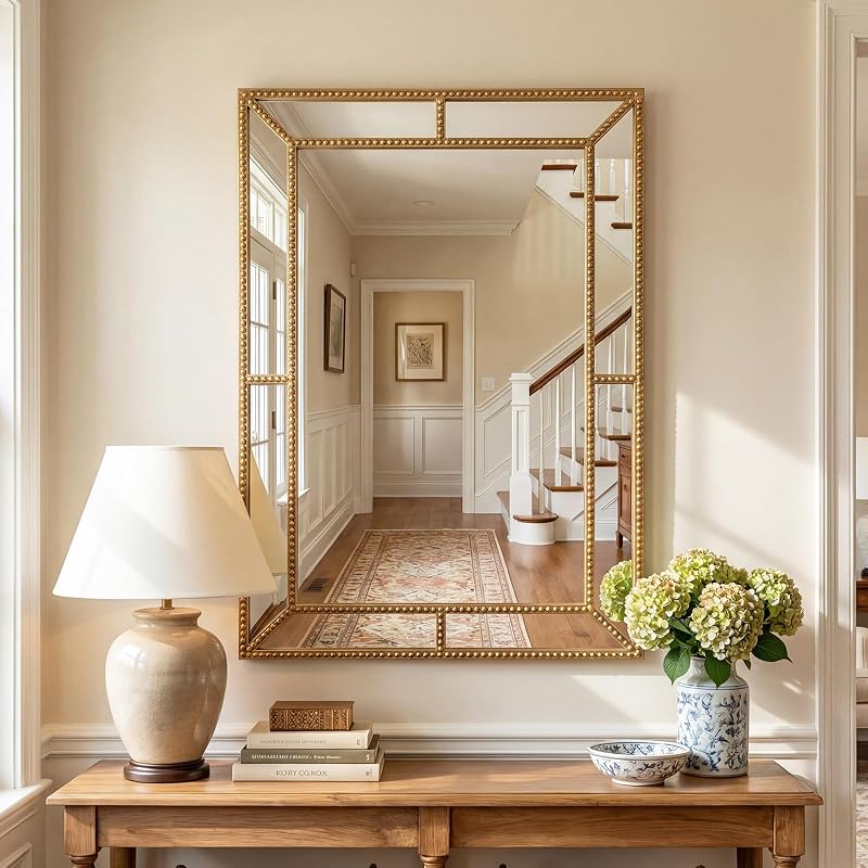 Tangkula 36" x 24" Gold Rectangle Wall Mirror, Decorative Mirror with Beaded Frame for Living Room, Entryway, Fireplace, Bedroom, Modern Vintage Wall Decoration (Rectangle) - Mirrors, product photo on a white background