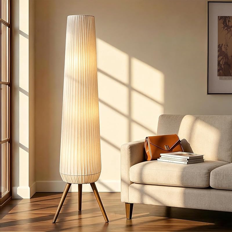61'' Oatmeal Fabric Pleated Floor Lamp, Walnut Wood Tripod Base - Floor Lamps, product photo on a white background