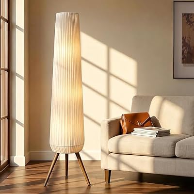 61'' Oatmeal Fabric Pleated Floor Lamp, Walnut Wood Tripod Base - image 2 of 4
