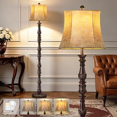 Vintage 64” Tall Floor Lamp for Living Room Bedroom, Retro Resin Carved Standing Lamp with Faux Leather Shade, Rotary Switch Rustic Corner Light for Home Decor(Brown) - image 2 of 4