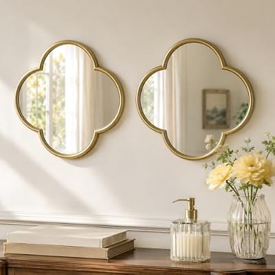 2 Pack Clover Wall Mirrors, Real Glass Decorative Mirrors with Metal Frame, 12" Small Four Leaf Clover Shaped Mirror for Wall Decor, HD Clarity Vanity Mirror Tiles for Bedroom, Living Room - image 2 of 4