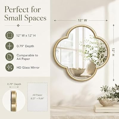 2 Pack Clover Wall Mirrors, Real Glass Decorative Mirrors with Metal Frame, 12" Small Four Leaf Clover Shaped Mirror for Wall Decor, HD Clarity Vanity Mirror Tiles for Bedroom, Living Room - image 3 of 4