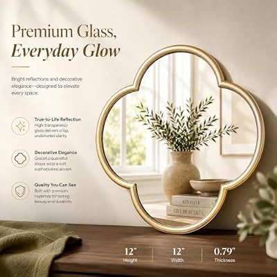 2 Pack Clover Wall Mirrors, Real Glass Decorative Mirrors with Metal Frame, 12" Small Four Leaf Clover Shaped Mirror for Wall Decor, HD Clarity Vanity Mirror Tiles for Bedroom, Living Room - image 4 of 4