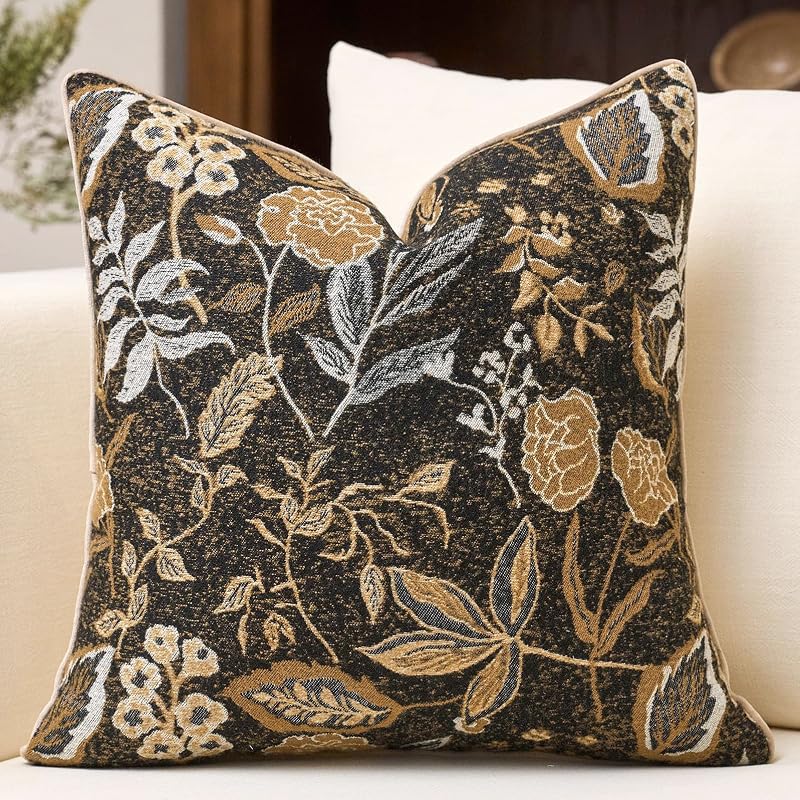 Black Floral Textured Throw Pillow Cover 18x18 Fall Vintage Rust Pillow Cover Farmhouse Summer Leaf Cushion Cover Chenille Neutral Flower Pillowcase Home Decor for Sofa Living Room Bedding - Vases & Objects, product photo on a white background