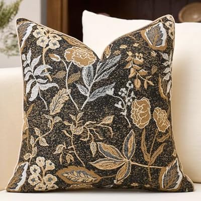 Black Floral Textured Throw Pillow Cover 18x18 Fall Vintage Rust Pillow Cover Farmhouse Summer Leaf Cushion Cover Chenille Neutral Flower Pillowcase Home Decor for Sofa Living Room Bedding - image 2 of 4