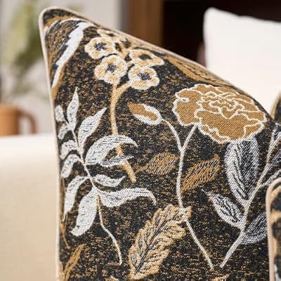Black Floral Textured Throw Pillow Cover 18x18 Fall Vintage Rust Pillow Cover Farmhouse Summer Leaf Cushion Cover Chenille Neutral Flower Pillowcase Home Decor for Sofa Living Room Bedding - image 4 of 4